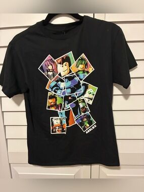 Black Roblox Graphic Tee with Colorful Character Panels